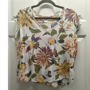 C&C California Size XL Linen Floral V-Neck Cap Sleeve Asymmetric Hem Cropped Top